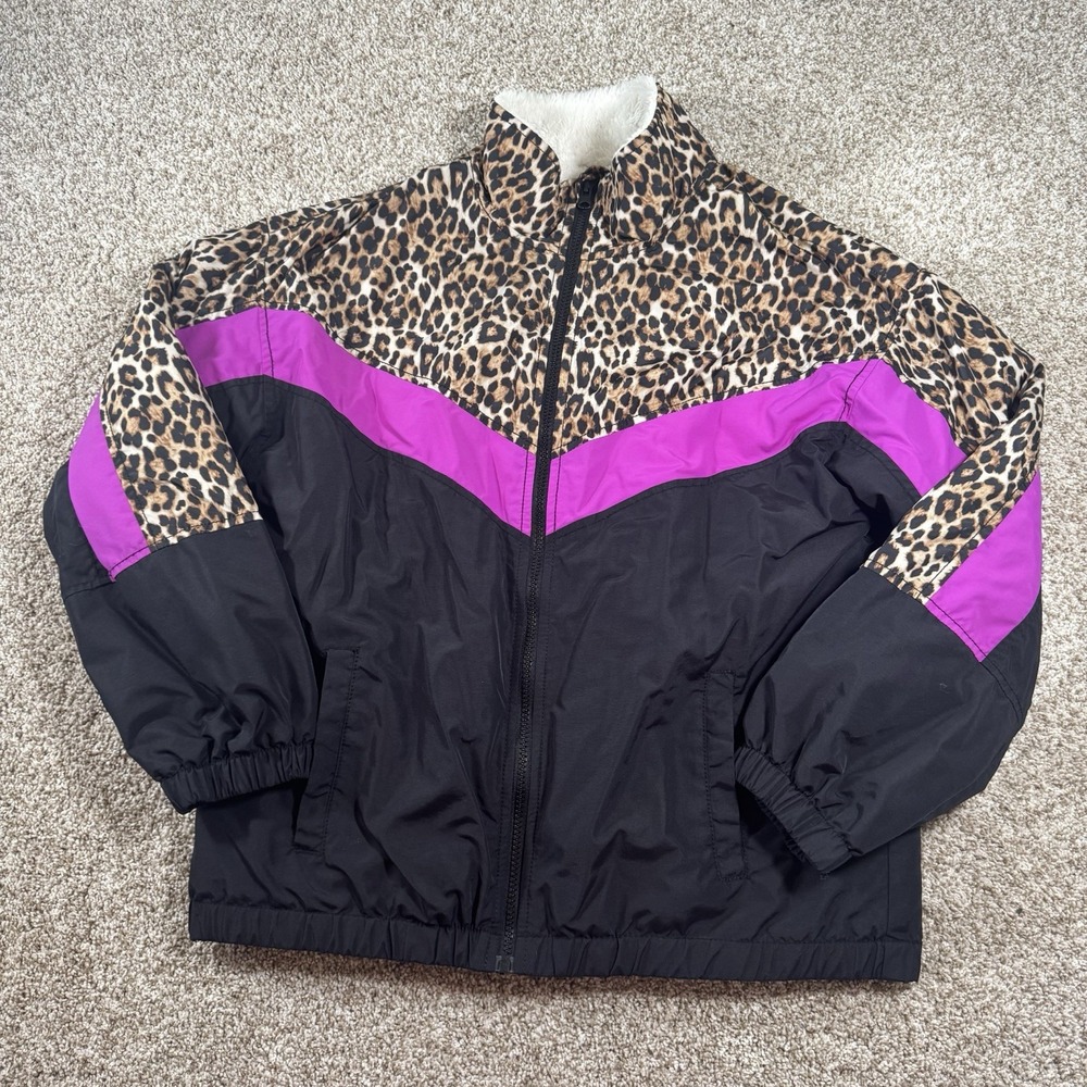 American Eagle Womens Size M Leopard‎ Black Pink Sherpa Lined Windbreaker Jacket